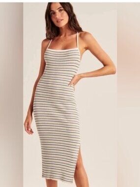 Striped Knit Midi Slip Dress - Cream & Gray